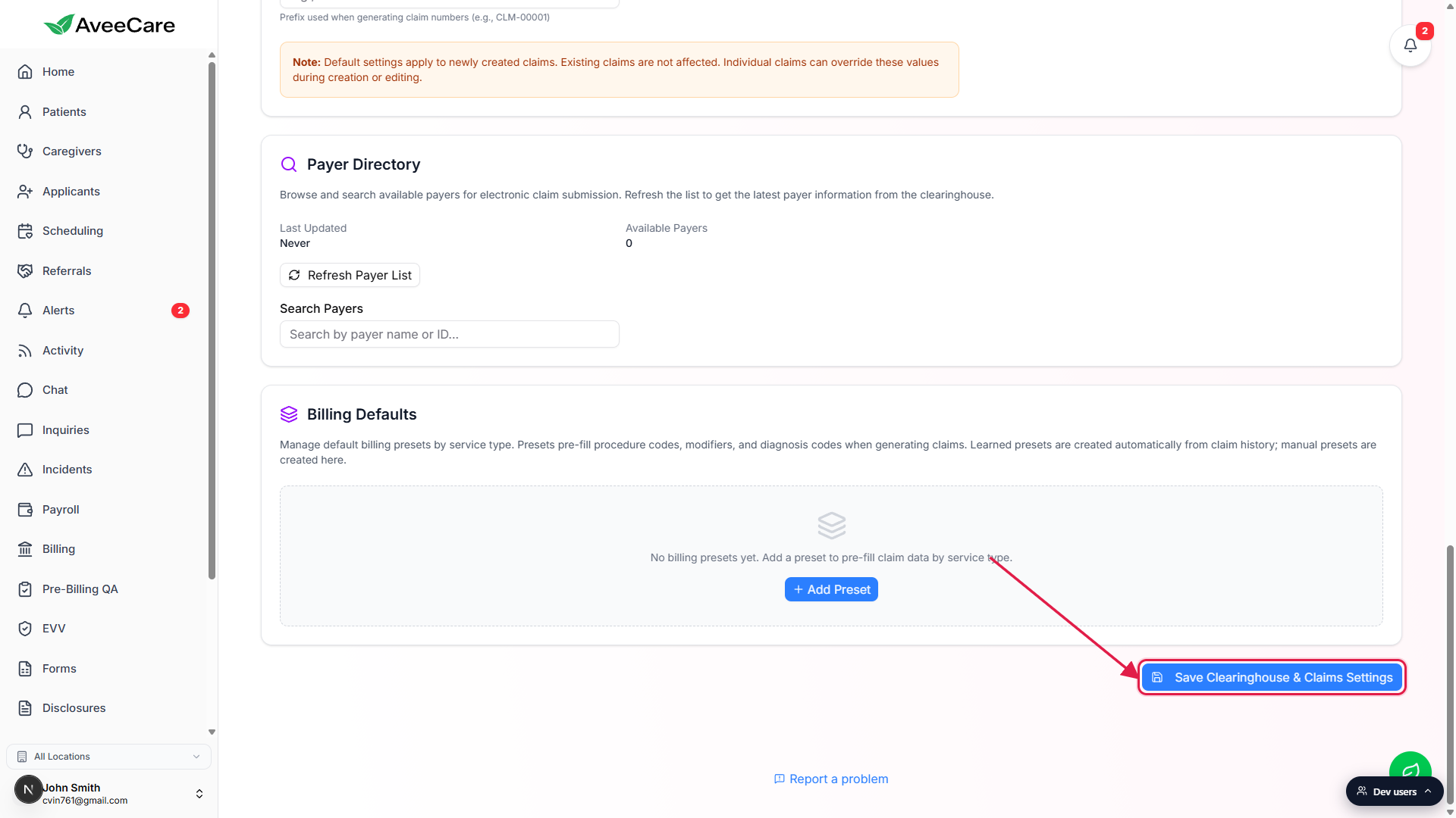 Save Clearinghouse and Claims Settings button at the bottom right of the tab, highlighted with a red box and arrow. The Billing Defaults section is visible above.