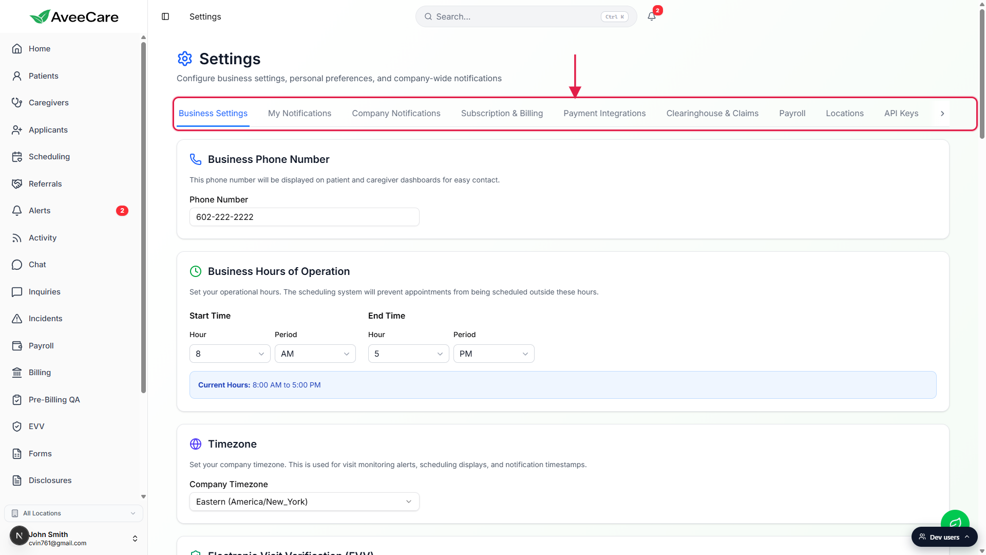 Settings page with the full tab strip outlined in a red box. The strip reads Business Settings, My Notifications, Company Notifications, Subscription and Billing, Payment Integrations, Clearinghouse and Claims, Payroll, Locations, API Keys, and the rightmost chevron exposes Account. No Compliance Versions tab is present.