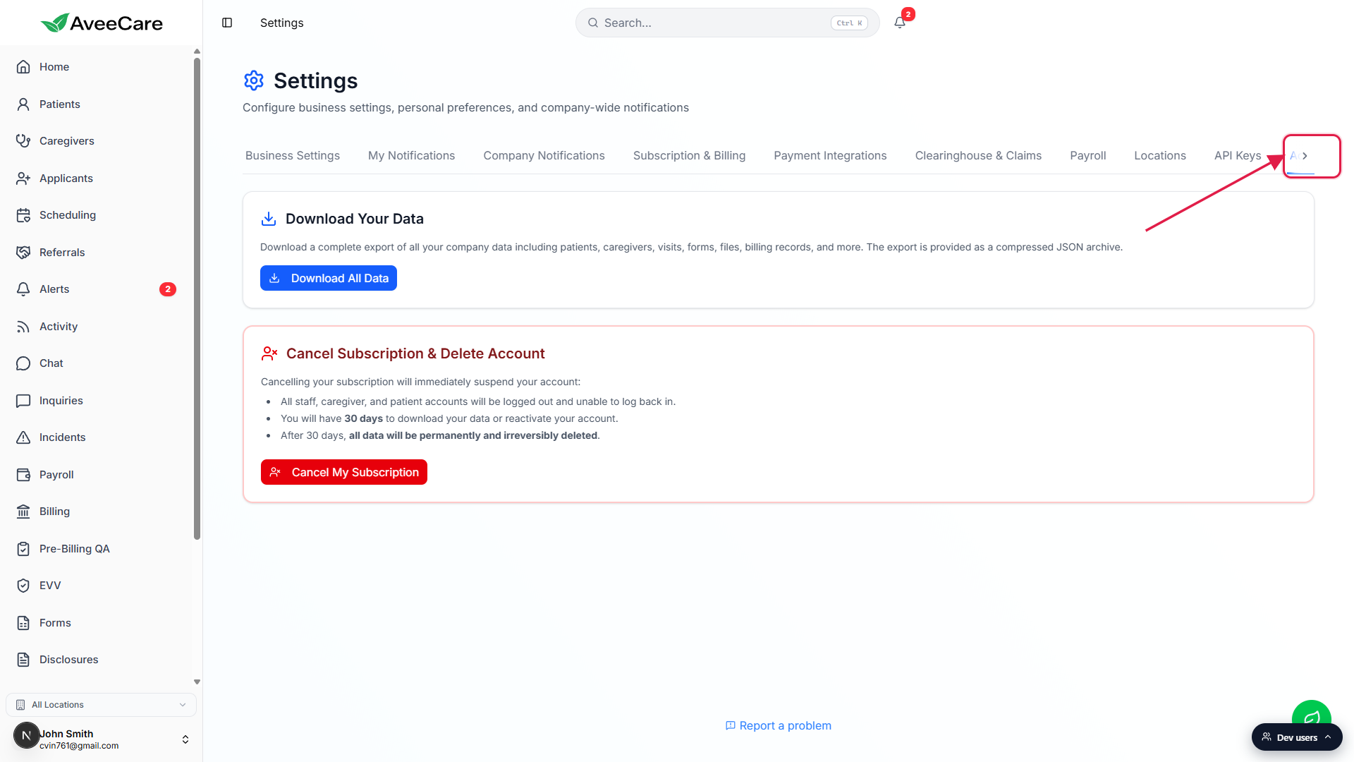 Settings page on the Account tab. The chevron at the right end of the tab strip is outlined in a red box, indicating that Account sits beyond the visible tabs. The Account tab body shows Download Your Data and Cancel Subscription and Delete Account cards.