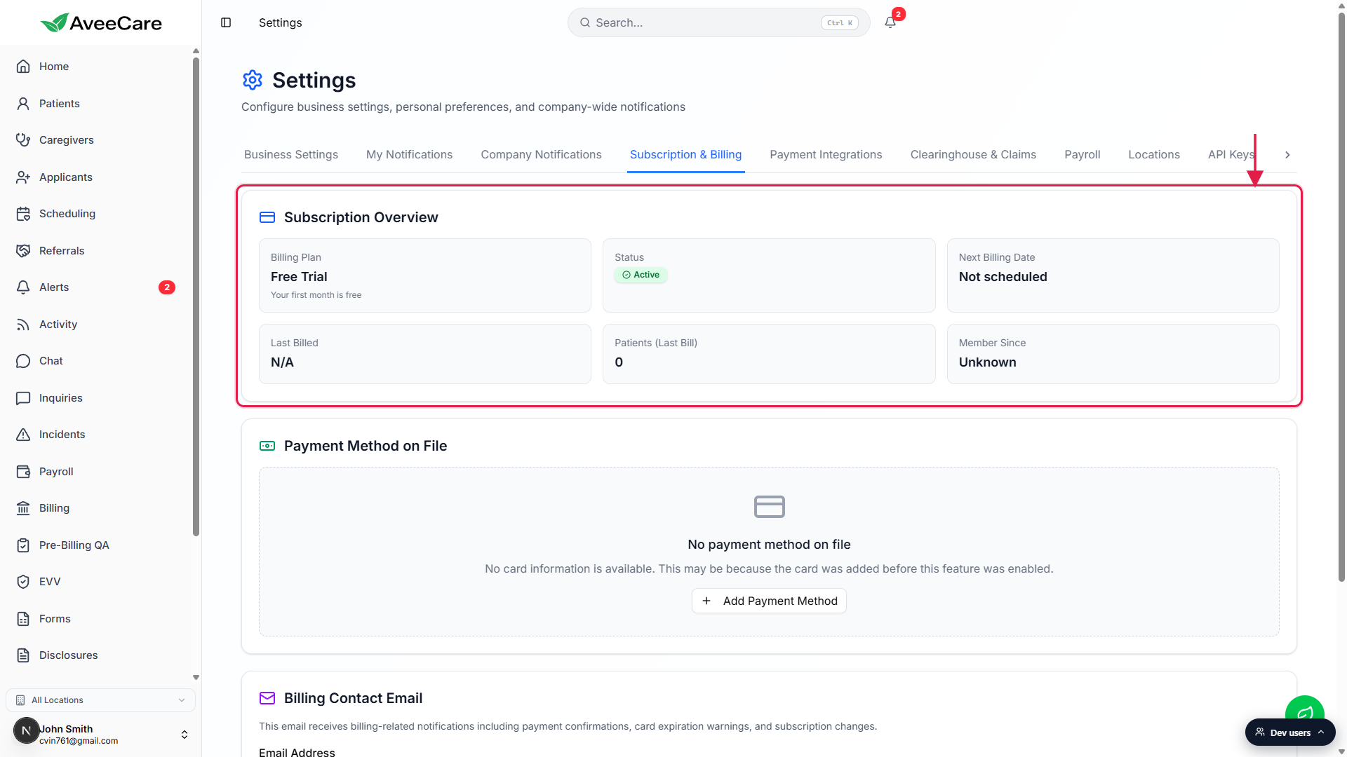 Settings on the Subscription and Billing tab with the Subscription Overview card outlined in a red box. The card shows Billing Plan Free Trial, Status Active, Next Billing Date, Last Billed, Patients (Last Bill), and Member Since fields. The Account tab sits beyond the visible strip and is reached via the right chevron.