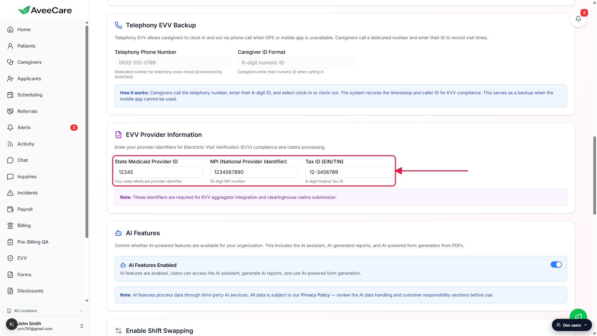 EVV Provider Information card with three input fields highlighted with a red box and arrow: State Medicaid Provider ID, NPI (National Provider Identifier), and Tax ID (EIN/TIN). A Note below explains these identifiers are required for aggregator integration and clearinghouse claims submission.