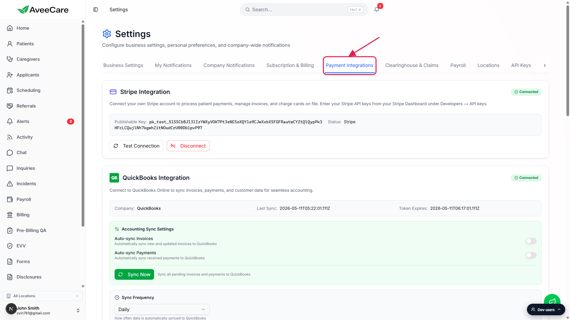 Settings page tab strip with the Payment Integrations tab called out by a red box and arrow