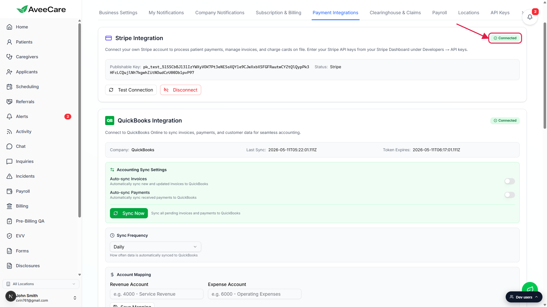 Stripe Integration card in a Connected state with the green Connected pill called out by a red box and arrow, plus the Test Connection and Disconnect buttons visible