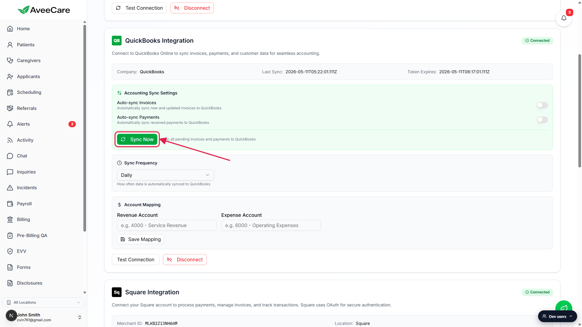QuickBooks Integration card showing Accounting Sync Settings with Auto-sync Invoices and Auto-sync Payments toggles, the green Sync Now button called out by a red box and arrow, Sync Frequency Daily, and an Account Mapping section