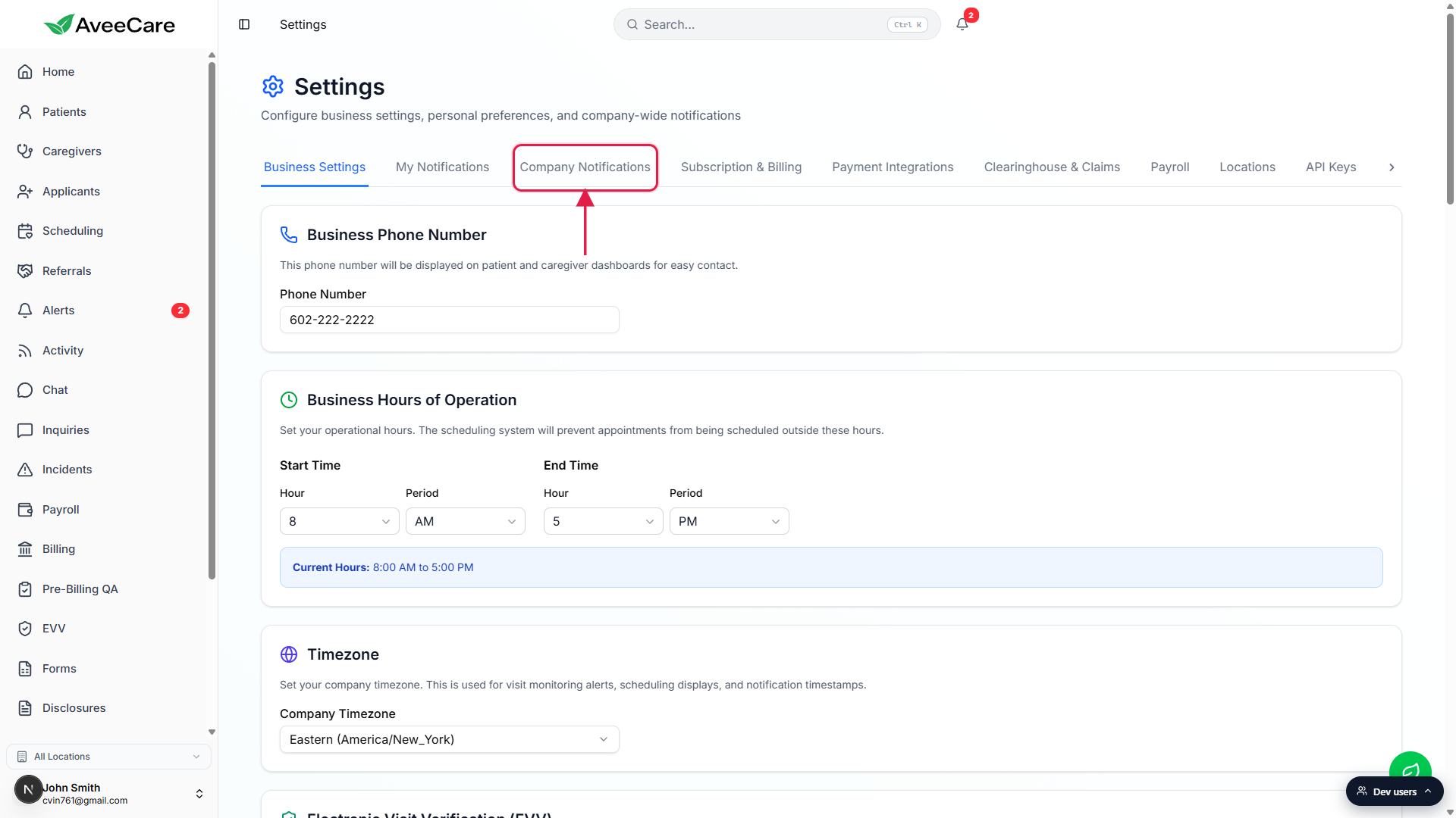 Settings page with the Company Notifications tab outlined in a red box and an arrow pointing up to it from below the tab strip.
