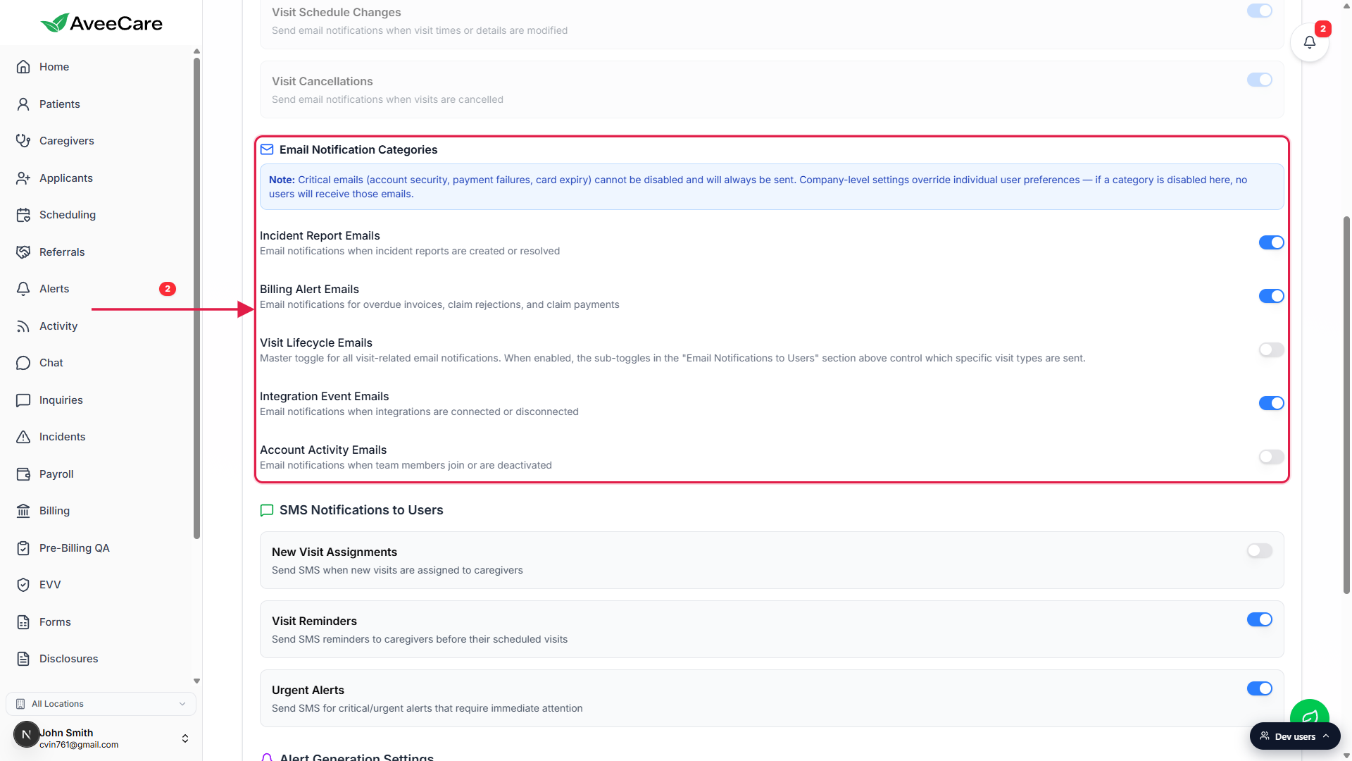 Email Notification Categories panel with the five master toggles (Incident Report Emails, Billing Alert Emails, Visit Lifecycle Emails, Integration Event Emails, Account Activity Emails) outlined in a red box with an arrow pointing in from the left.