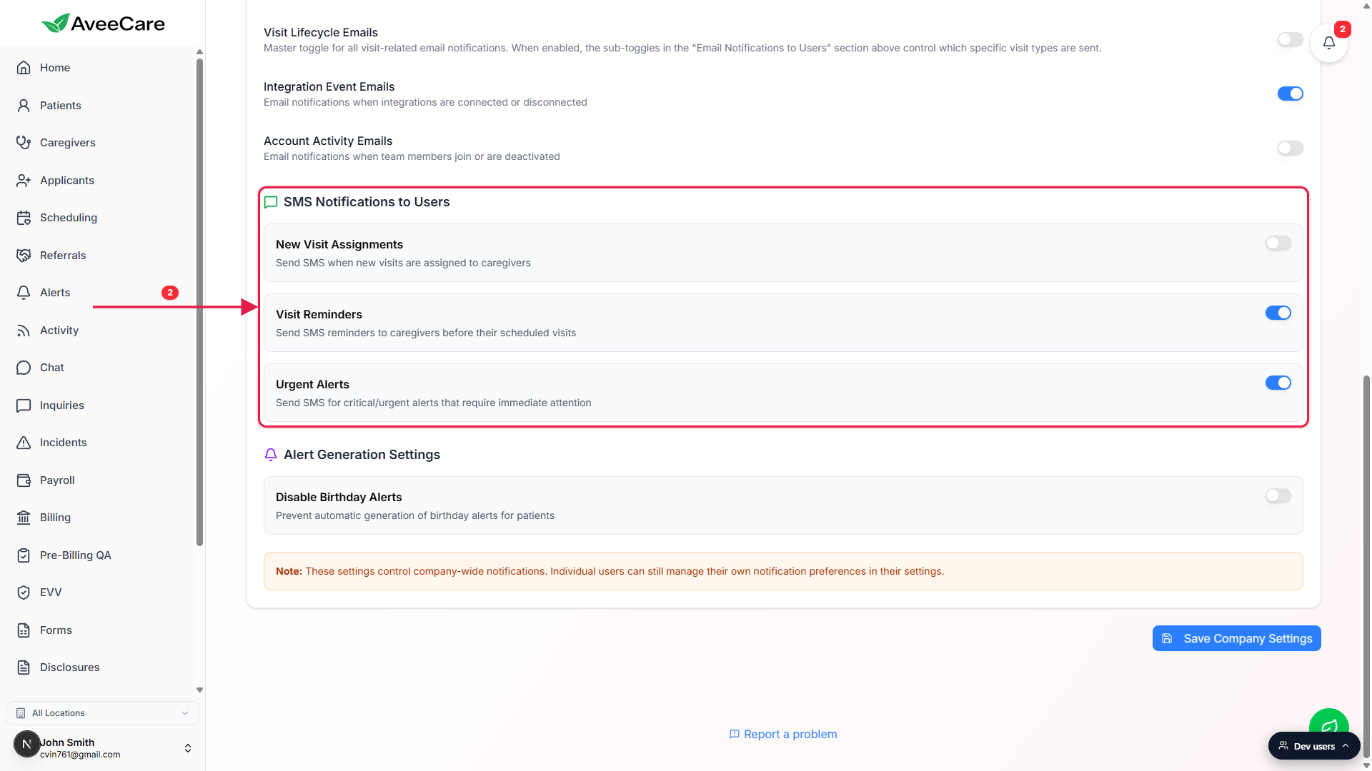 SMS Notifications to Users section outlined in a red box with three rows (New Visit Assignments, Visit Reminders, Urgent Alerts) and an arrow pointing in from the left.