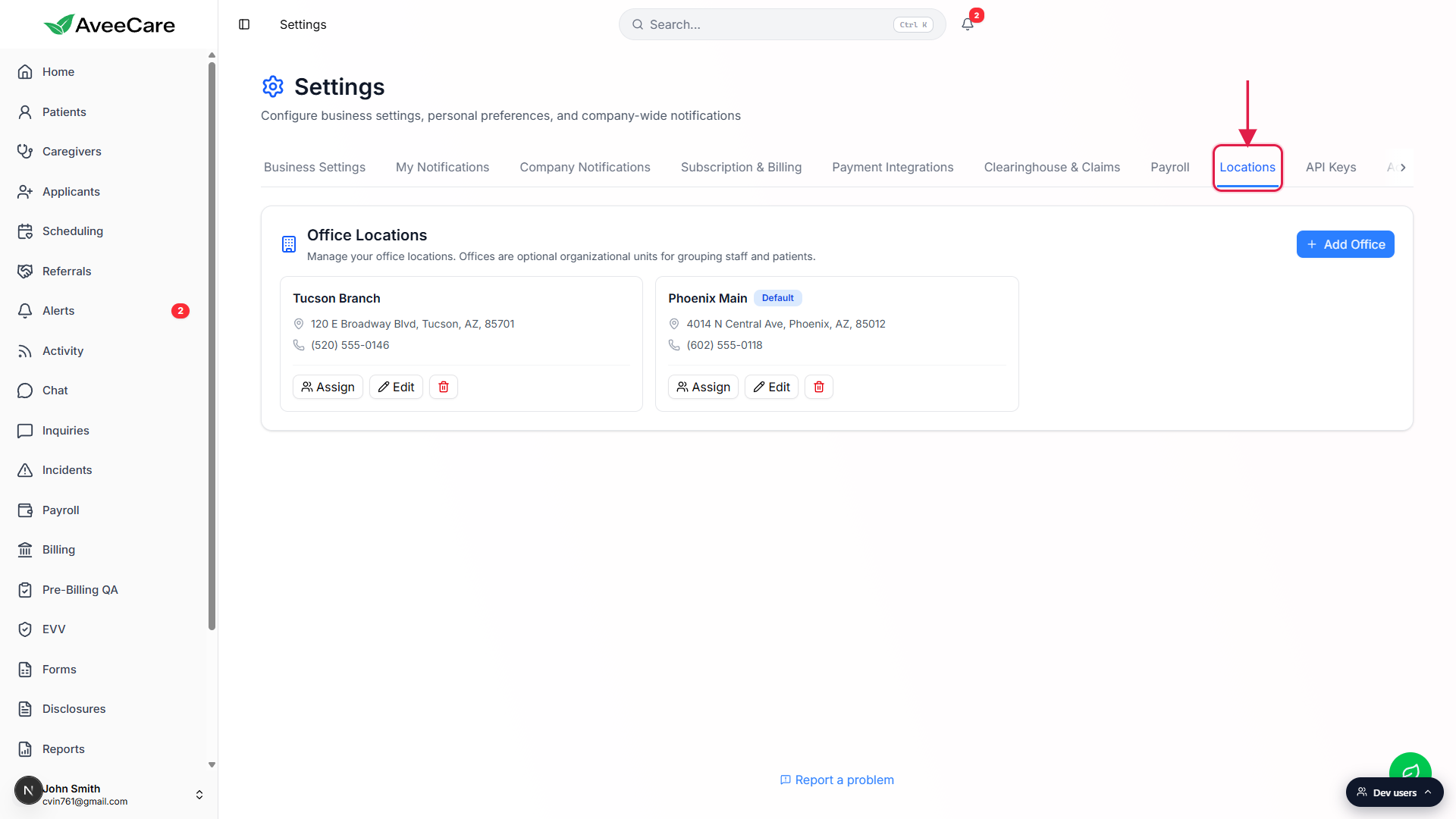 Settings page with the Locations tab on the right side of the tab strip called out with a red box and arrow