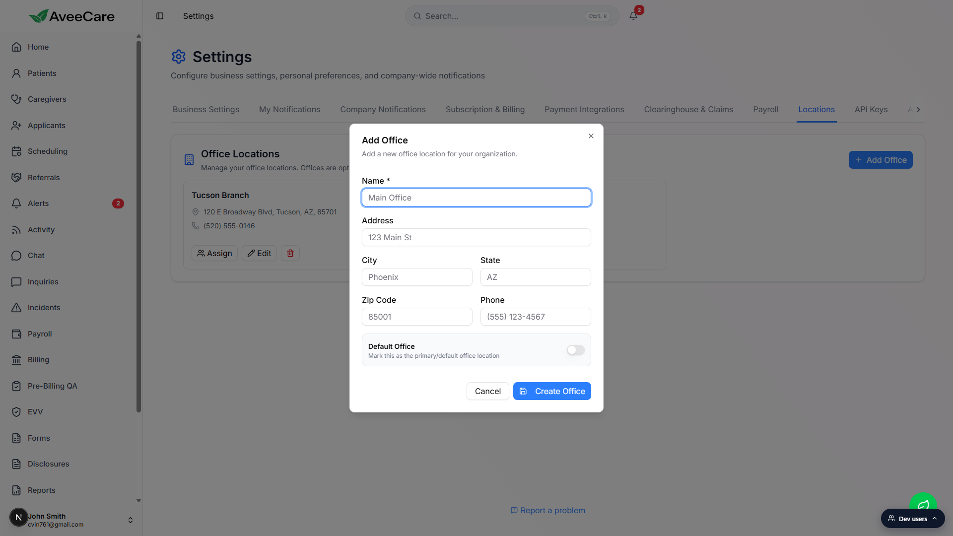 Add Office dialog with Name, Address, City, State, Zip Code, Phone fields and a Default Office toggle, plus Cancel and Create Office buttons