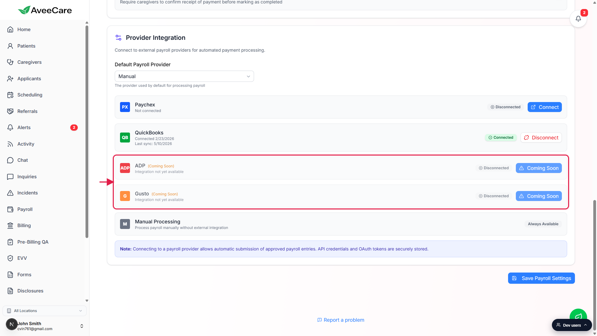 ADP and Gusto rows on the Provider Integration card both showing Coming Soon pills and an Integration not yet available helper line, called out together by a red box and arrow