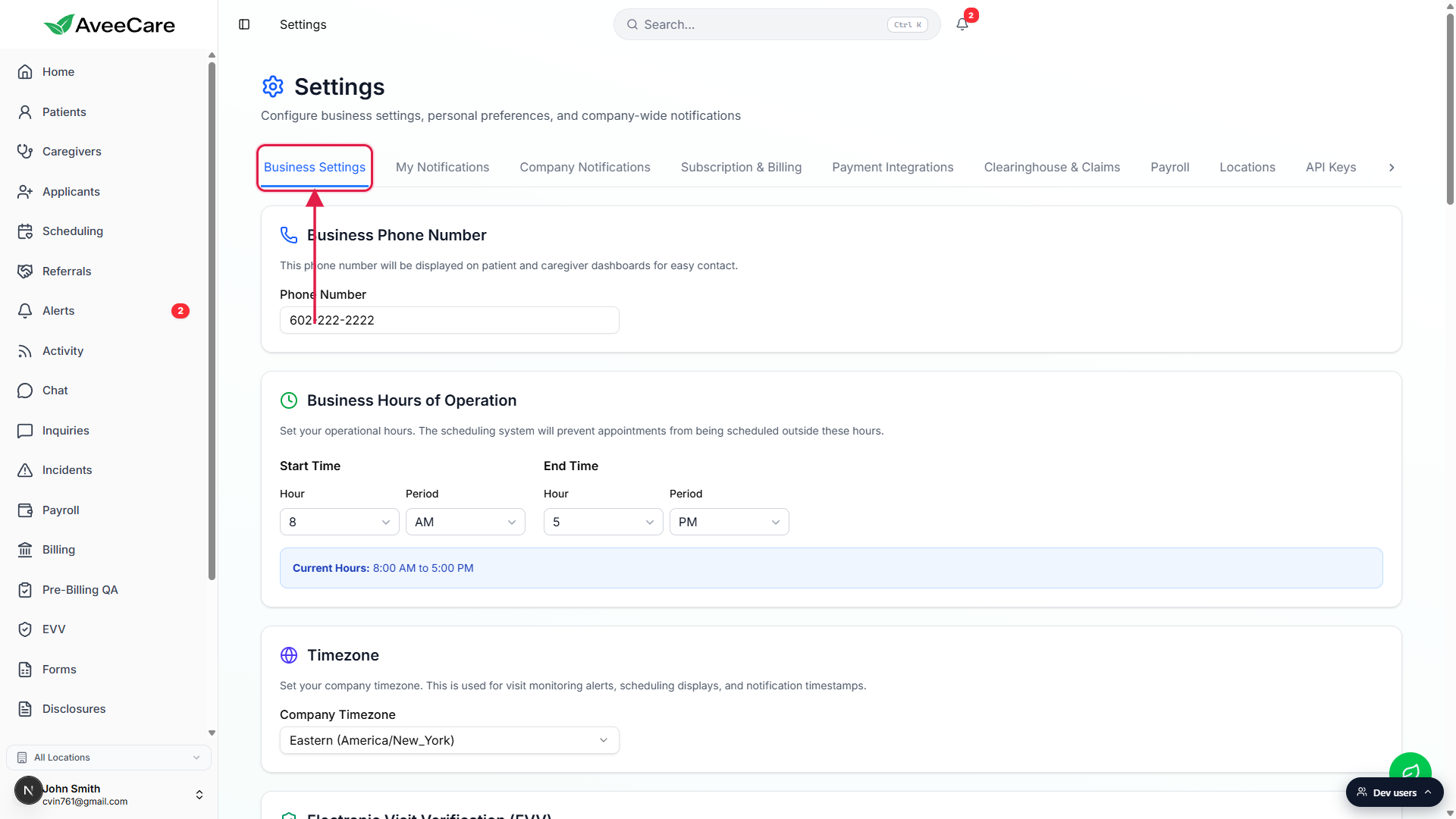 Settings page with the Business Settings pill highlighted on the top tab strip. The tab strip reads Business Settings, My Notifications, Company Notifications, Subscription and Billing, Payment Integrations, Clearinghouse and Claims, Payroll, Locations, API Keys.