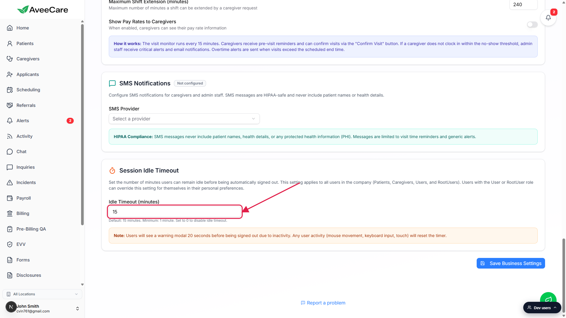 Session Idle Timeout card on the Business Settings tab. The Idle Timeout (minutes) input is highlighted with a red box and arrow. The orange Note callout below reads, Users will see a warning modal 20 seconds before being signed out due to inactivity. Any user activity (mouse movement, keyboard input, touch) will reset the timer.