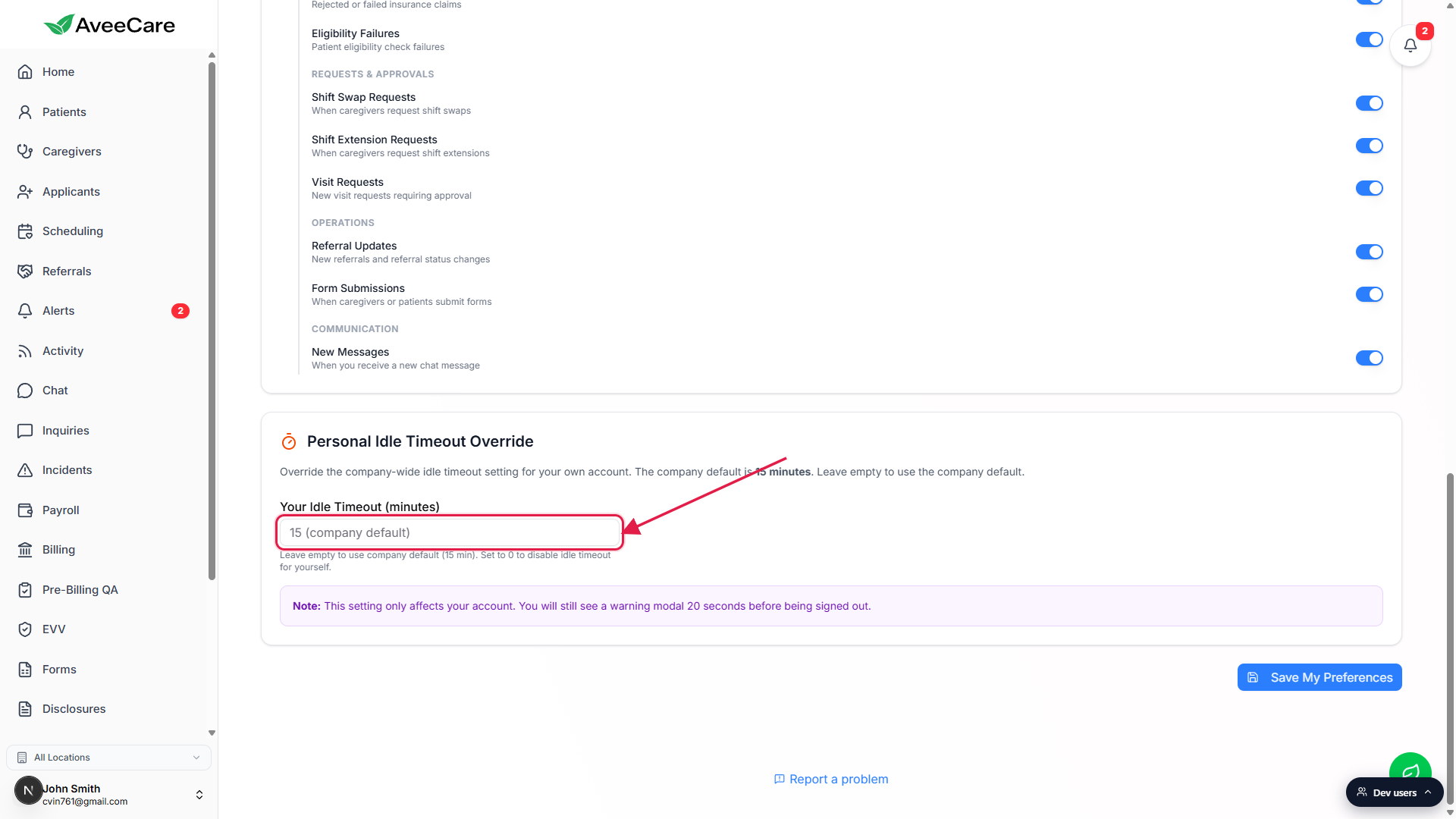 Personal Idle Timeout Override card on the My Notifications tab. The Your Idle Timeout (minutes) input is highlighted with a red box and arrow, with placeholder text reading 15 (company default). The Save My Preferences button is visible at the bottom right.