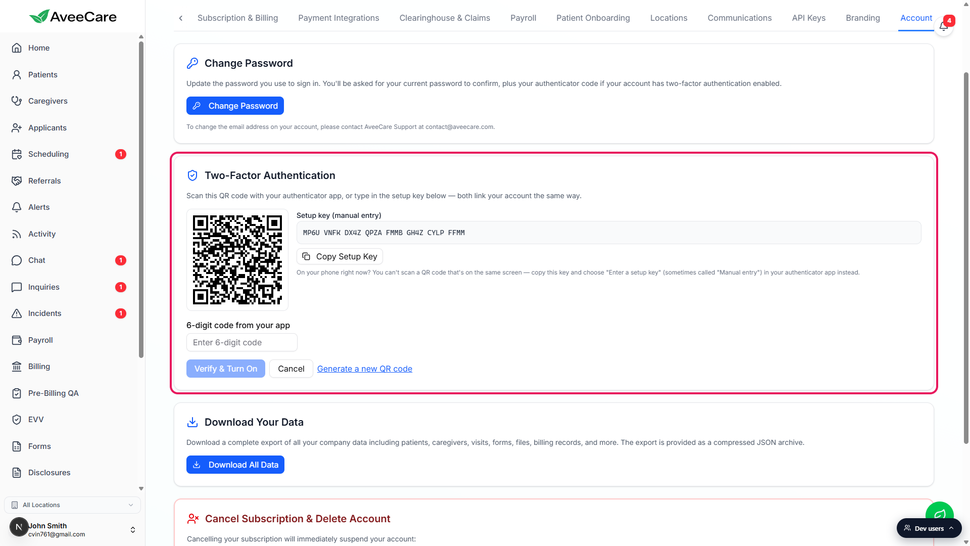 Two-Factor Authentication card on the Account tab in setup mode, highlighted with a red box. It shows a QR code, a Setup key (manual entry) field with a Copy Setup Key button, a 6-digit code input, and Verify and Turn On, Cancel, and Generate a new QR code controls.