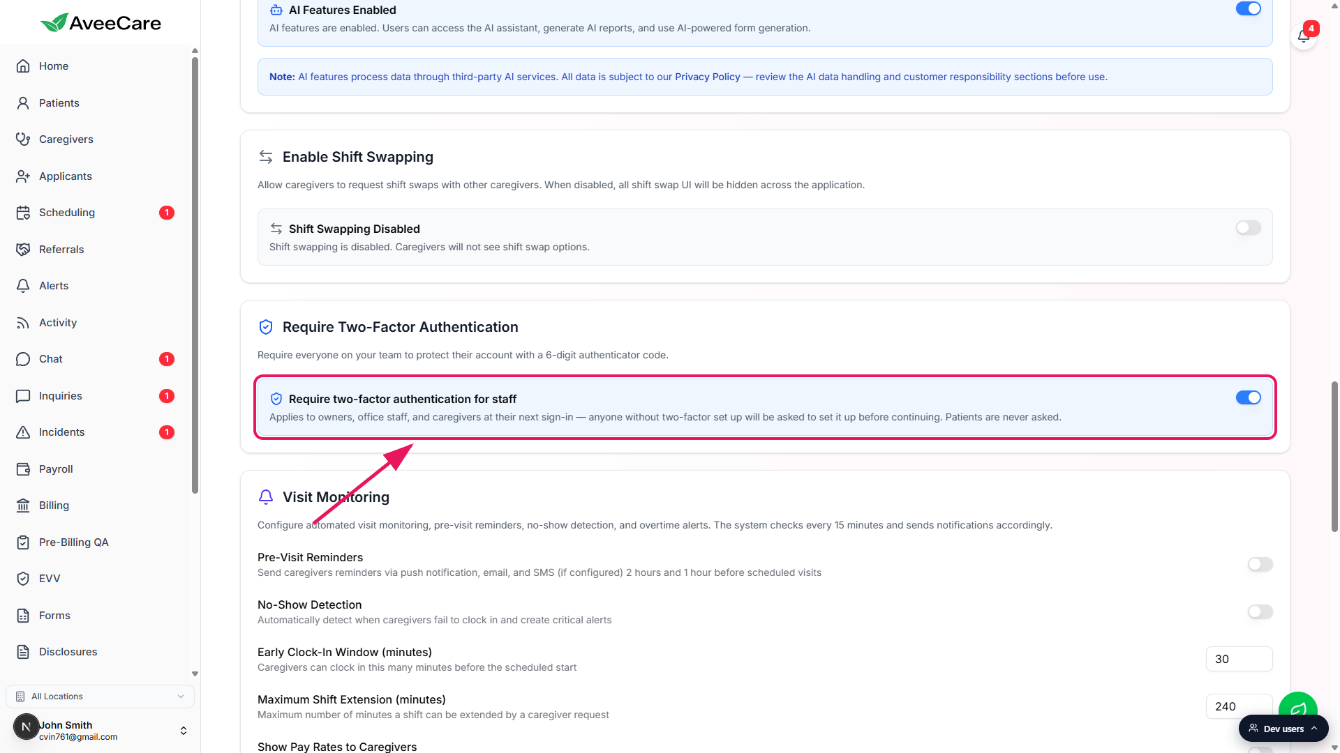 Require Two-Factor Authentication card on the Business Settings tab with the Require two-factor authentication for staff toggle switched on, highlighted with a red box and arrow. The helper text explains it applies to owners, office staff, and caregivers at their next sign-in, and that patients are never asked.