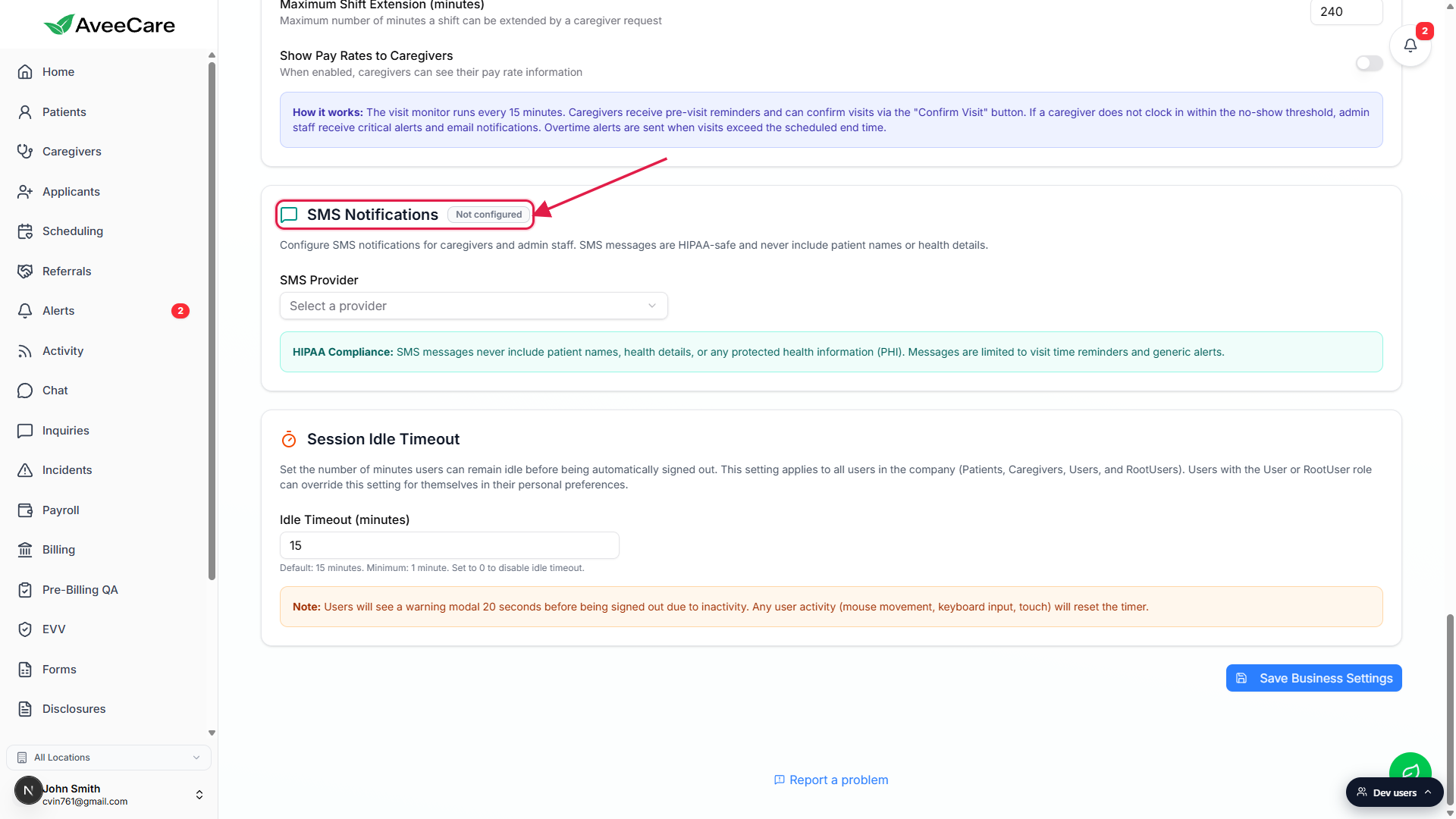 Settings page on the Business Settings tab with the SMS Notifications card heading and Not configured badge outlined in a red box and an arrow pointing in from the right.