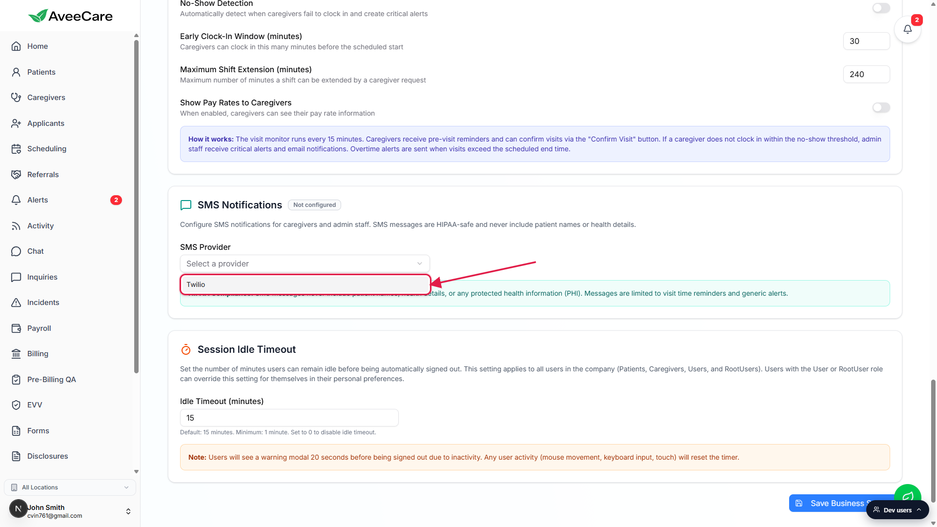 SMS Provider dropdown opened with the Twilio option outlined in a red box and an arrow pointing to it from the right.