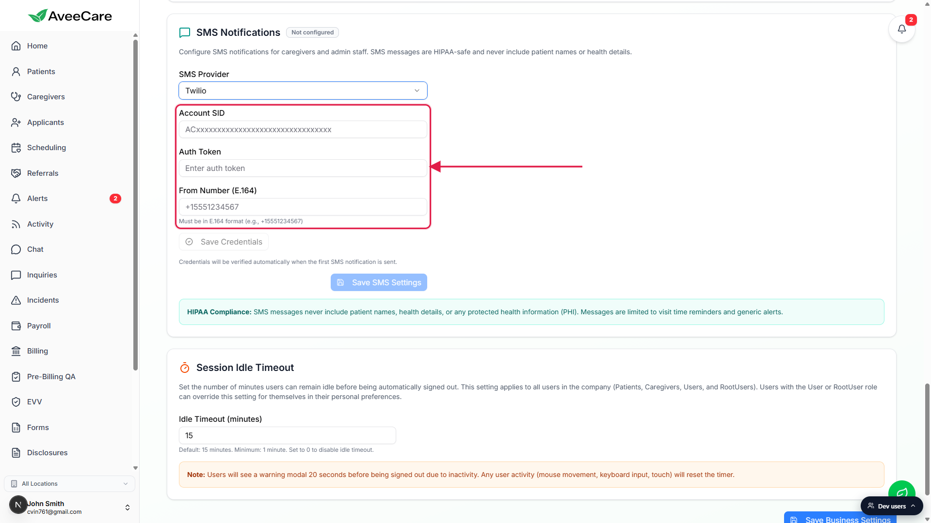 Account SID, Auth Token, and From Number (E.164) fields on the Twilio credentials block outlined together in a red box with an arrow pointing in from the right.