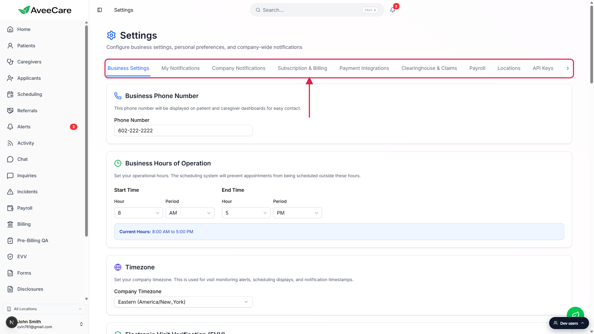 Settings page with the full tab strip outlined in a red box. The strip reads Business Settings, My Notifications, Company Notifications, Subscription and Billing, Payment Integrations, Clearinghouse and Claims, Payroll, Locations, API Keys, with a right chevron to reach Account. No Users tab is present.