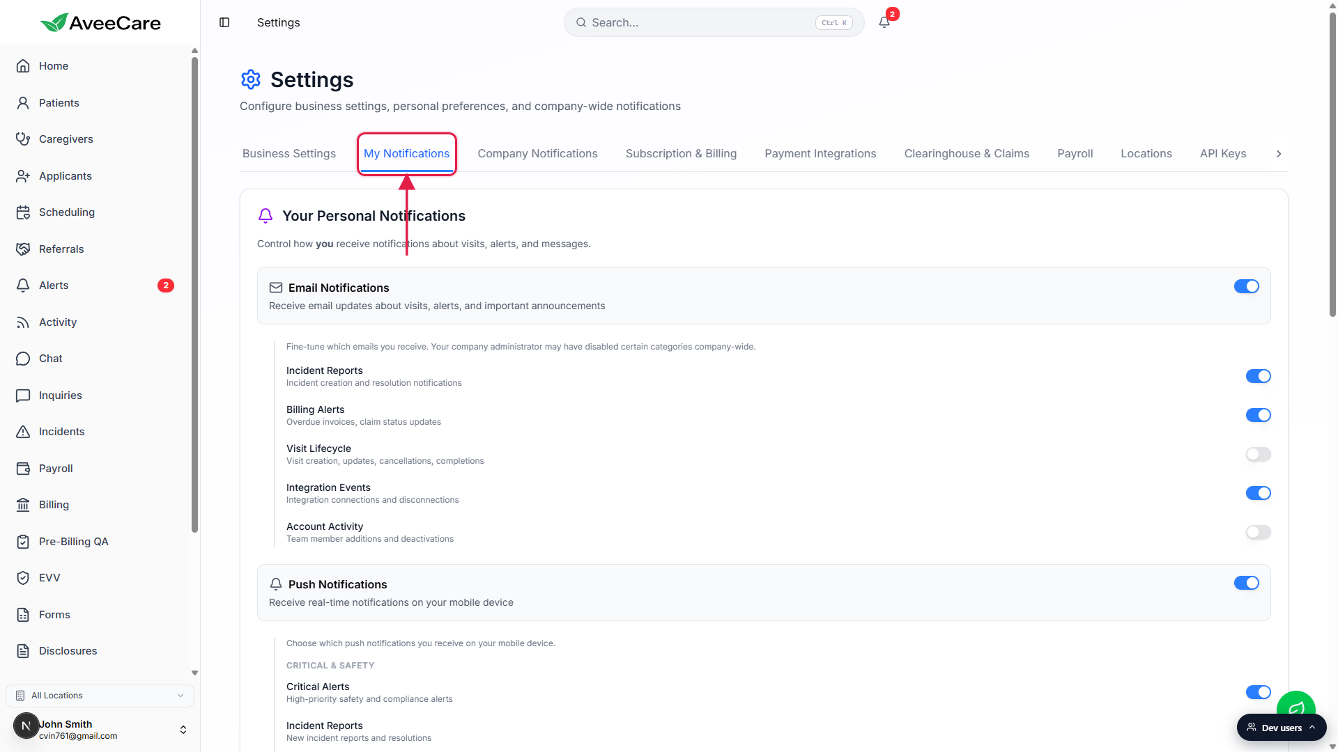 Settings page on the My Notifications tab with the tab outlined in a red box. The body shows a Your Personal Notifications card with Email Notifications and Push Notifications sections. Email rows include Incident Reports, Billing Alerts, Visit Lifecycle, Integration Events, and Account Activity. Push rows include Critical Alerts and Incident Reports under the heading Critical and Safety.
