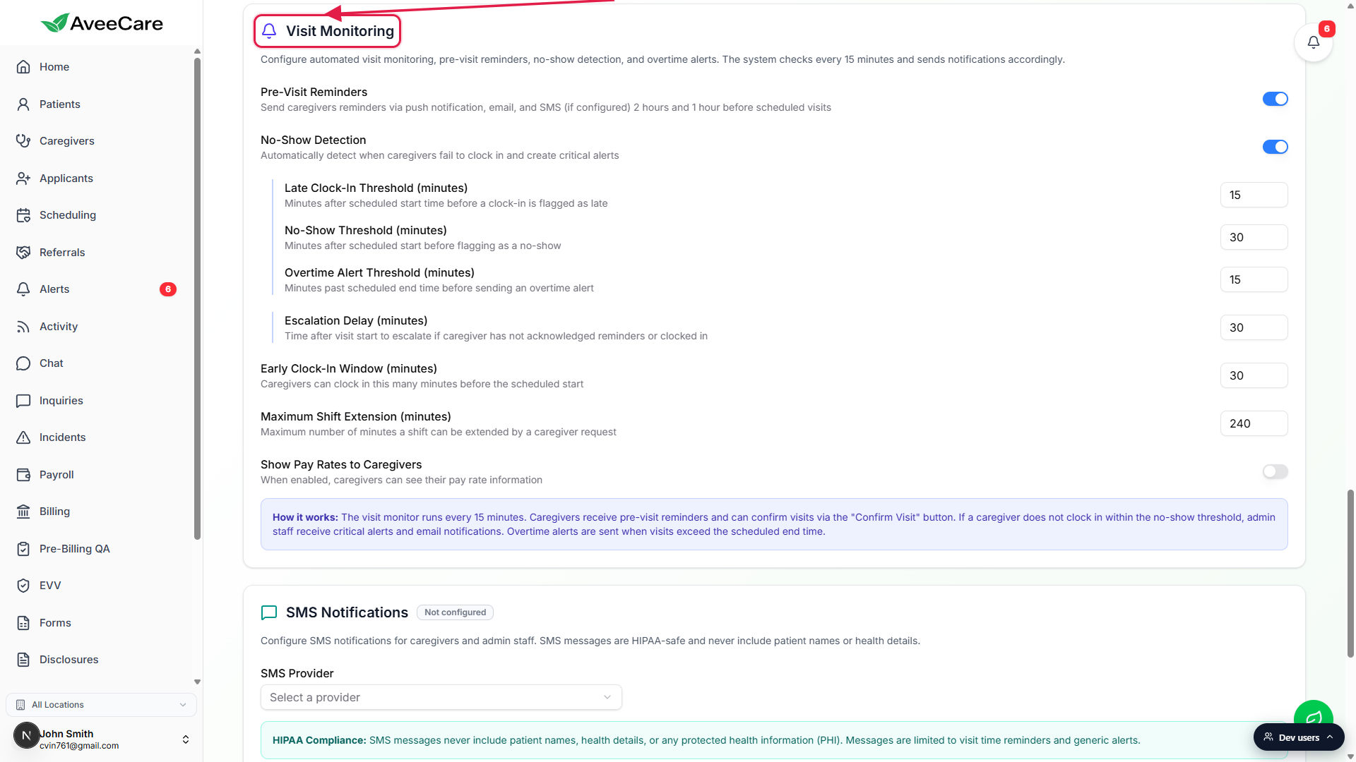 Visit Monitoring card on the Business Settings tab