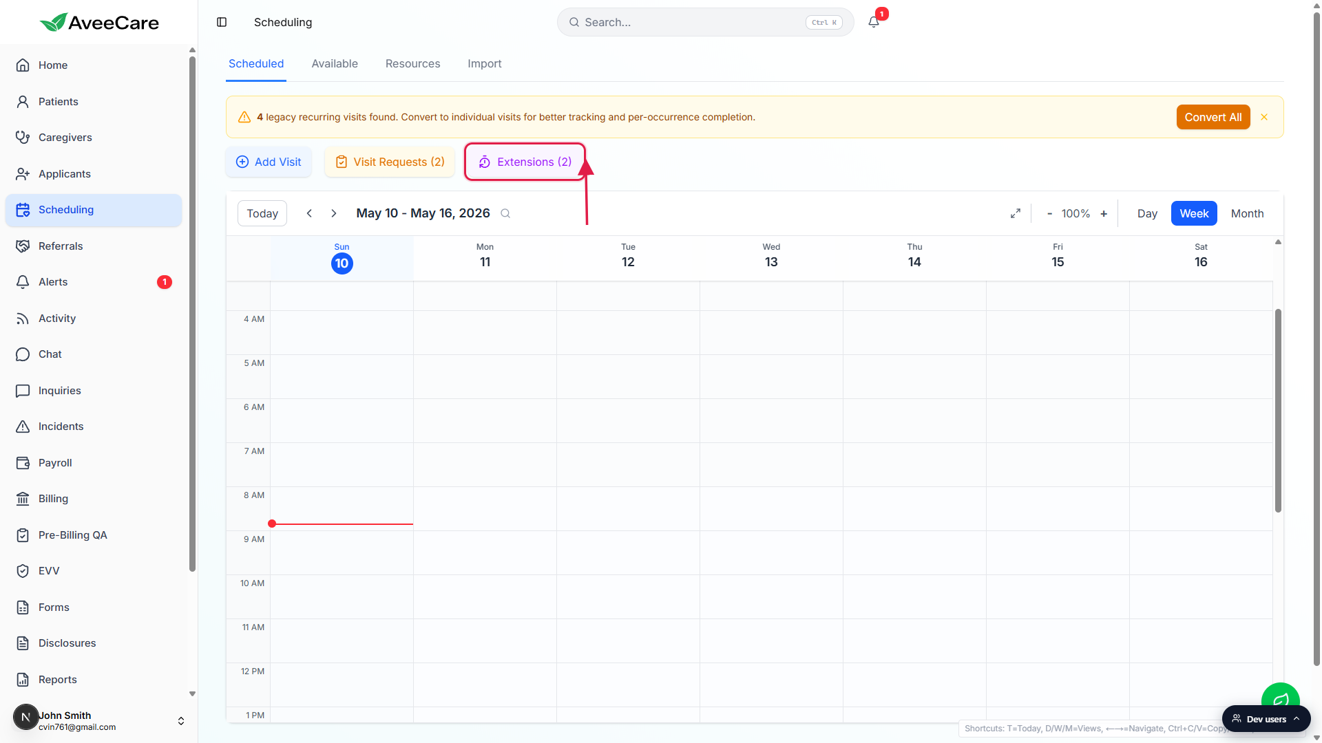 Scheduling page with the purple Extensions (2) badge button highlighted with a red box and arrow next to Add Visit and Visit Requests