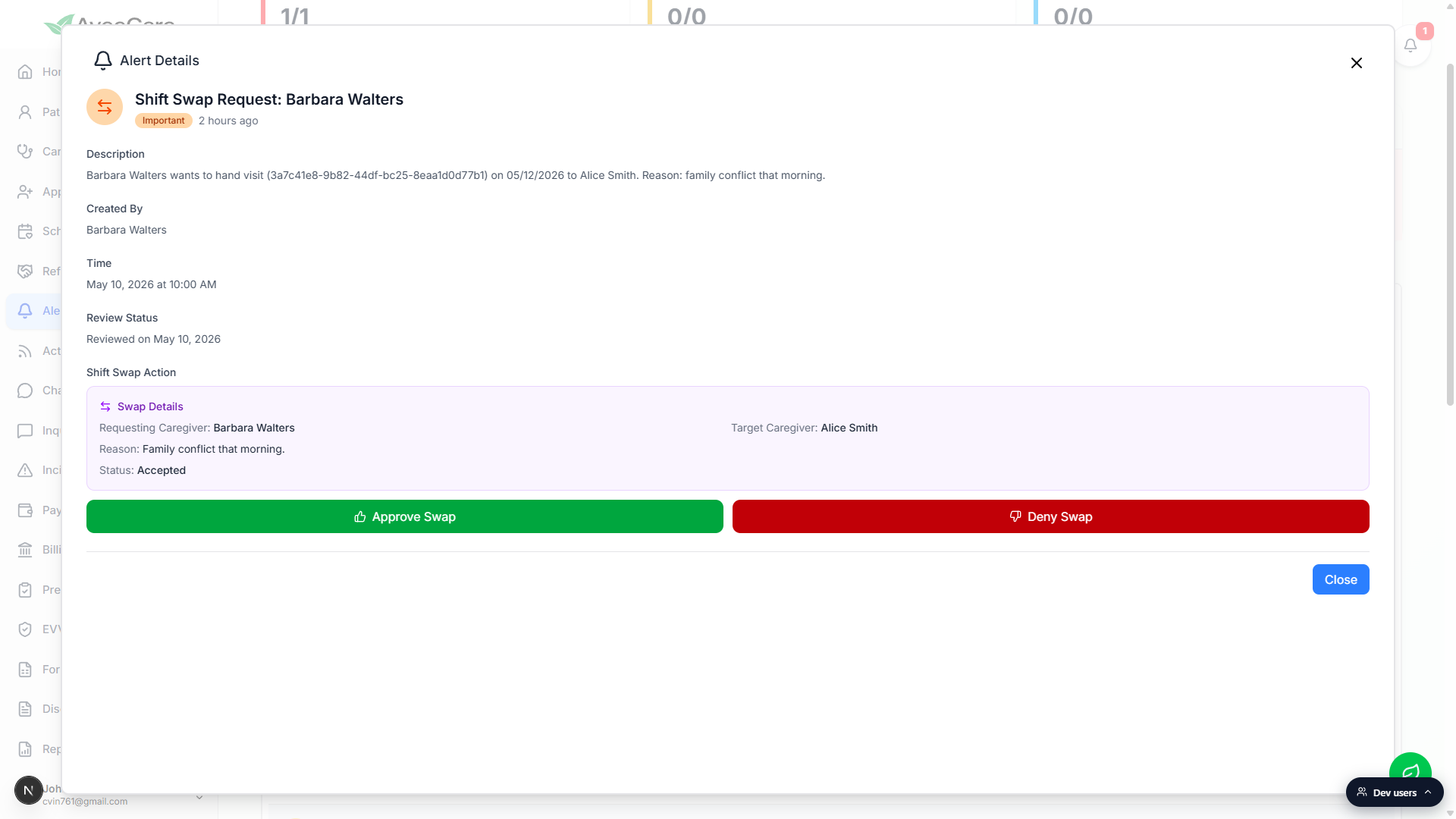 Alert Details modal for a Shift Swap Request, showing the Swap Details card with Requesting Caregiver Barbara Walters, Target Caregiver Alice Smith, the reason text, and the green Approve Swap and red Deny Swap buttons below