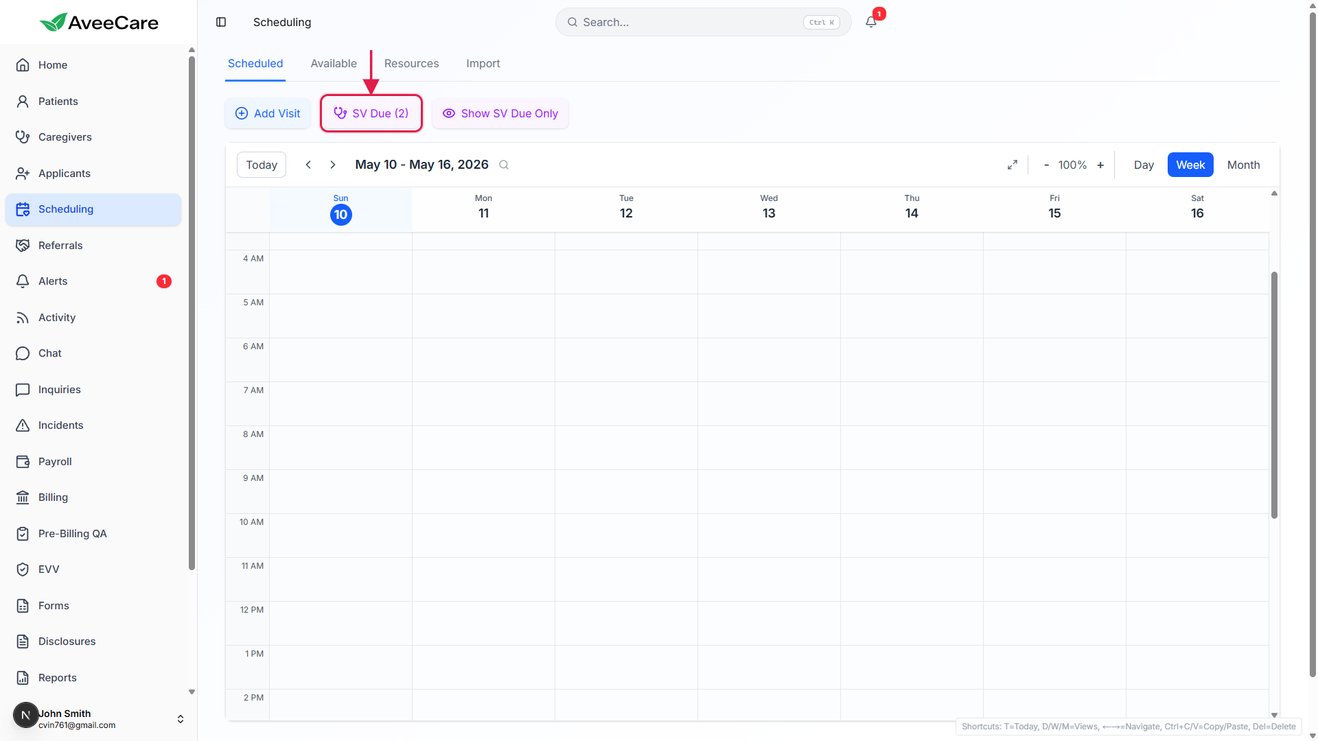 Scheduling page toolbar with the SV Due (2) pill called out with a red box
