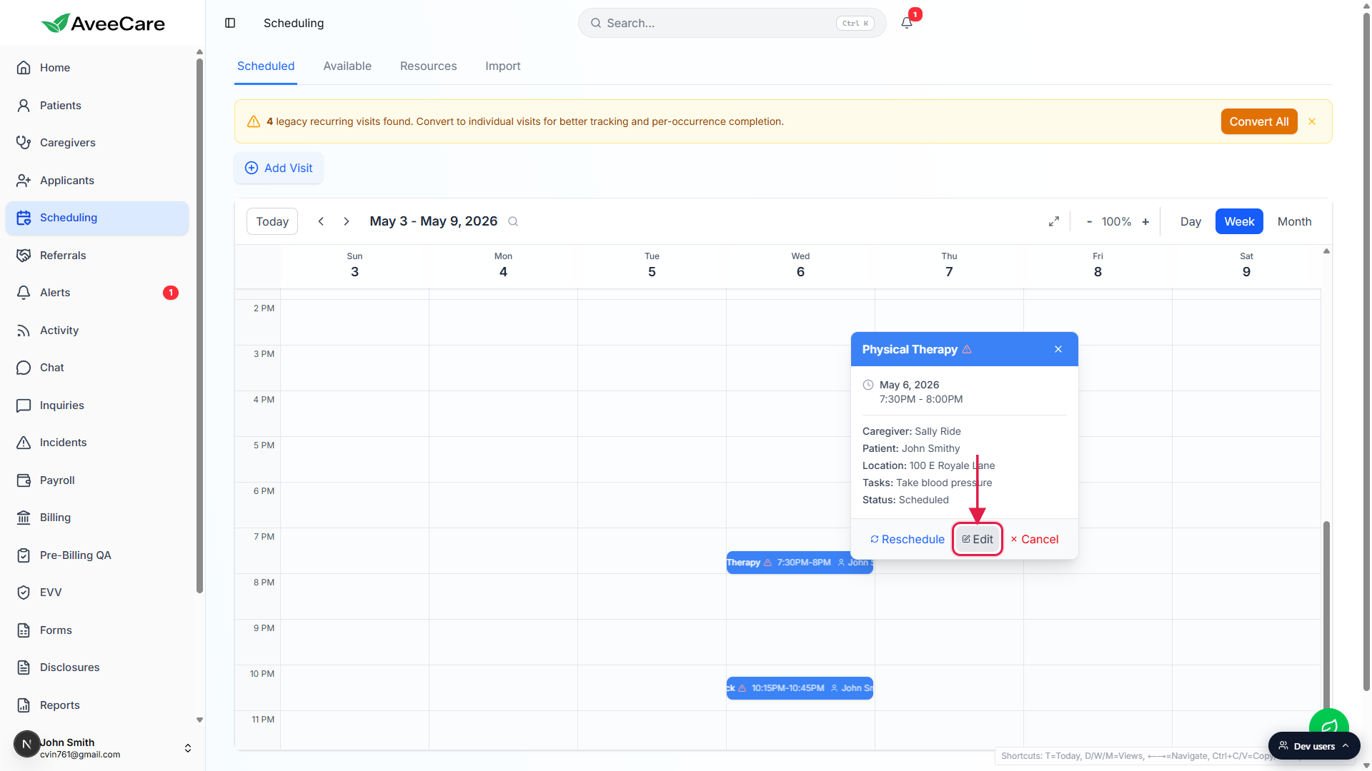 Visit popover on the Scheduling calendar showing the Edit button highlighted with a red box