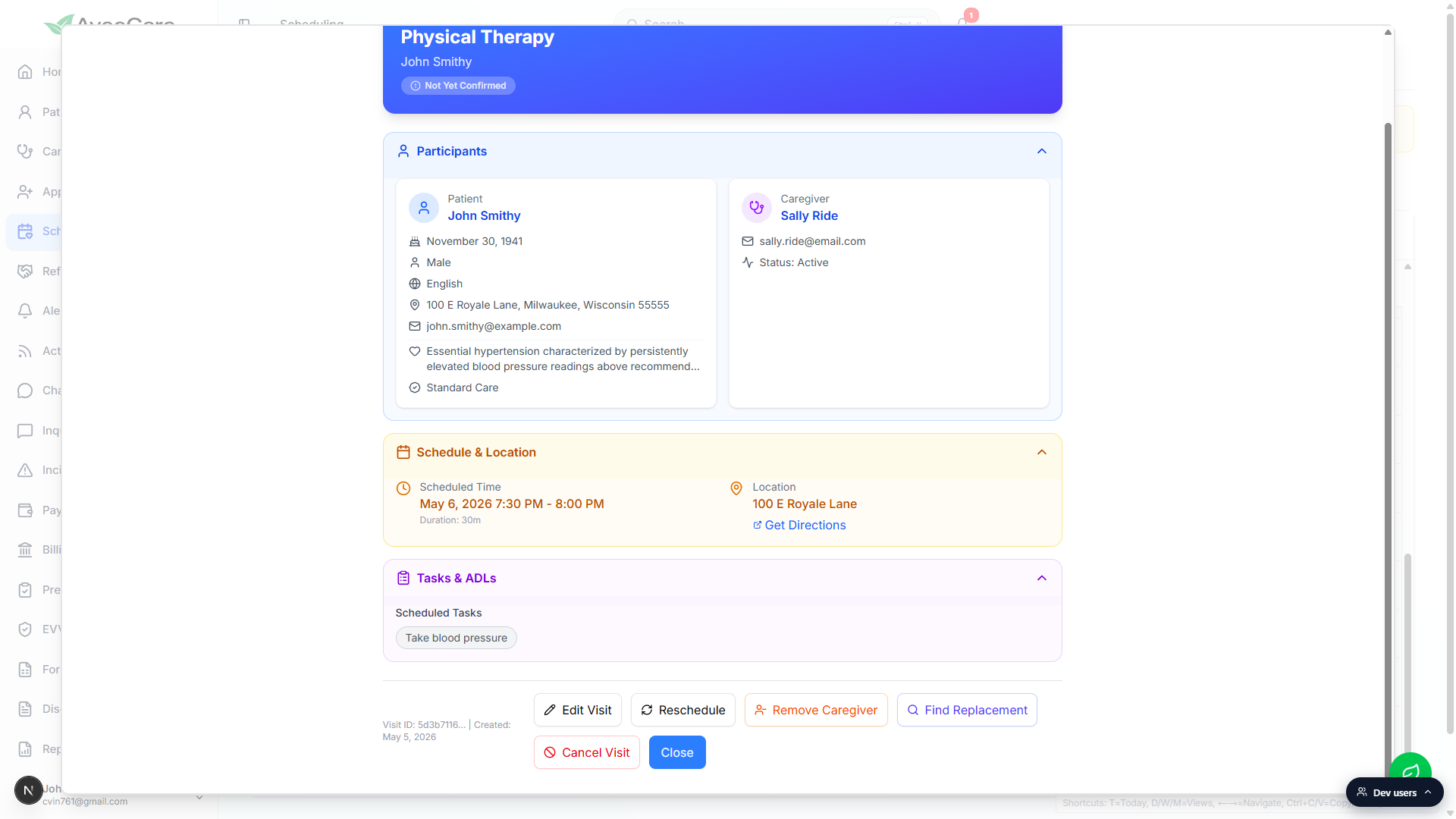 Bottom of the Visit Details modal showing the Visit ID and Created date on the left and the Edit Visit, Reschedule, Remove Caregiver, Find Replacement, Cancel Visit, and Close buttons on the right