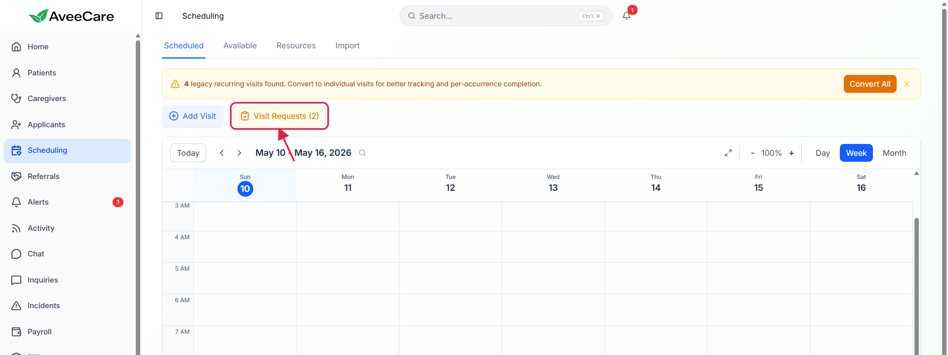 Scheduling page with the amber Visit Requests (2) badge button highlighted with a red box and arrow next to Add Visit