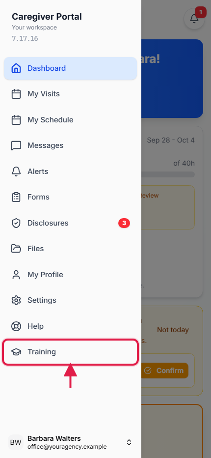 Caregiver app menu on a phone with the Training item called out with a red box