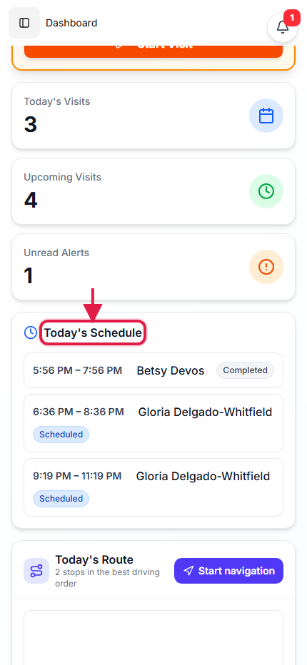 Caregiver dashboard with the Today’s Schedule heading called out with a red box