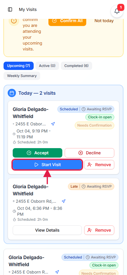 My Visits list with the Start Visit button on today’s visit called out with a red box