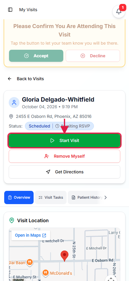 Visit page with the Start Visit button called out with a red box