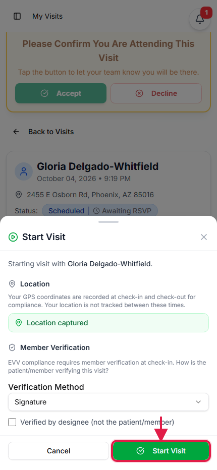 Start Visit sheet showing Location captured, with the Start Visit button called out with a red box
