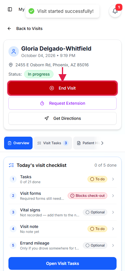 Visit in progress with the End Visit button called out with a red box