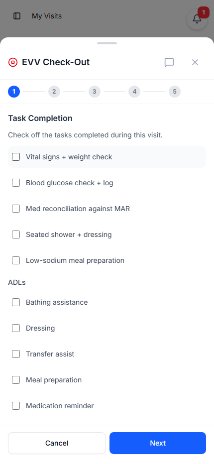 EVV Check-Out sheet on its first step, Task Completion