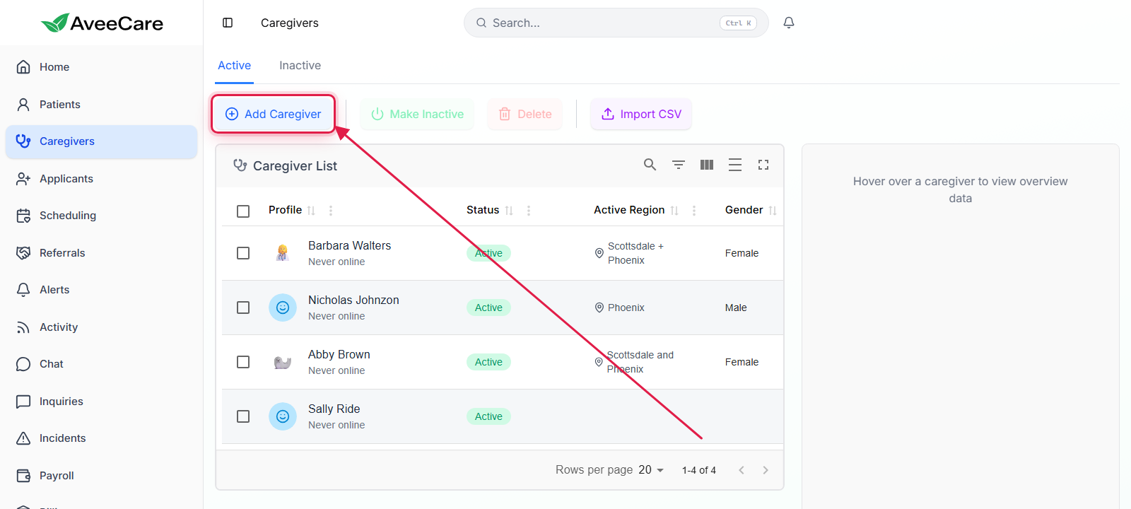 Add Caregiver button on the Caregivers page