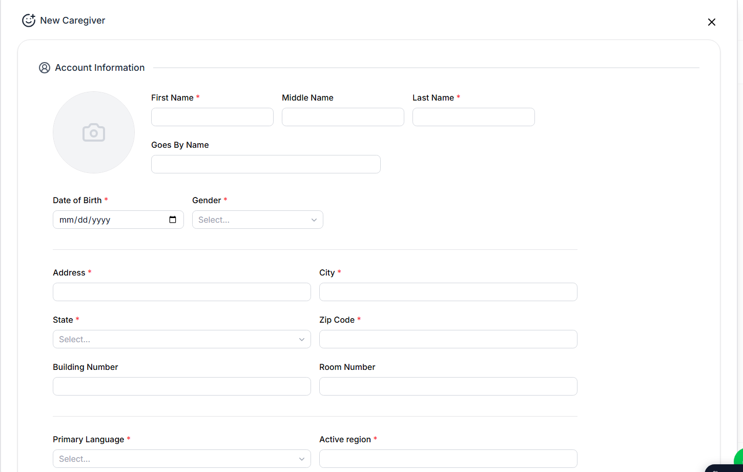 New Caregiver modal: account information form