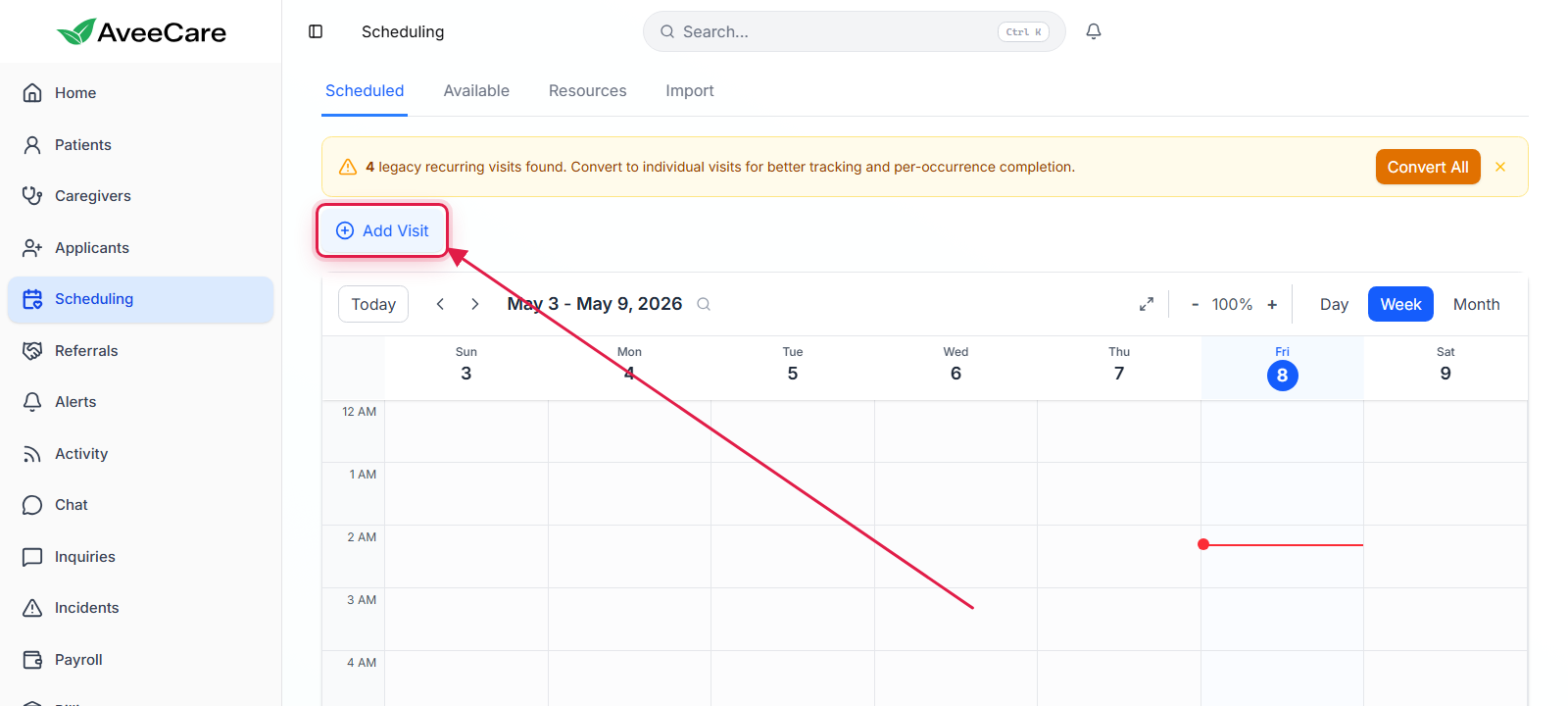 Add Visit button on the Scheduling page