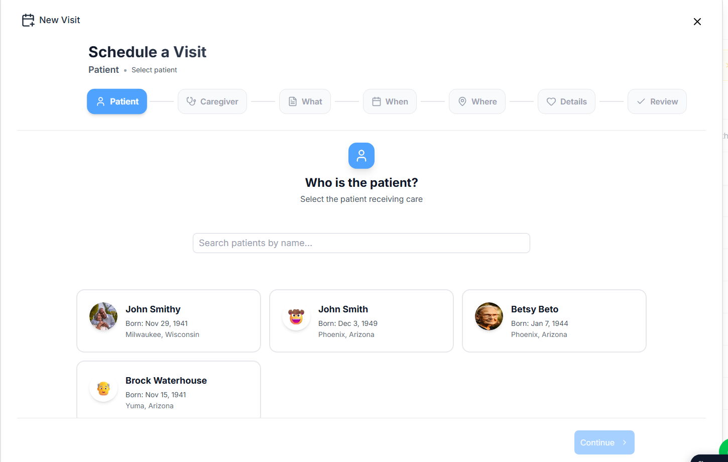 Schedule a Visit wizard with Patient, Caregiver, What, When, Where, Details, and Review steps