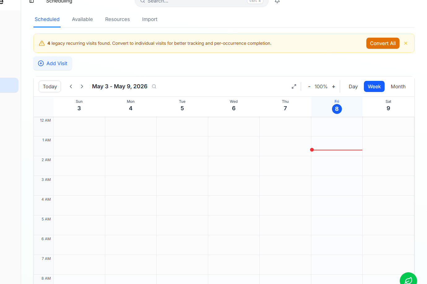 Scheduling week view with hour grid