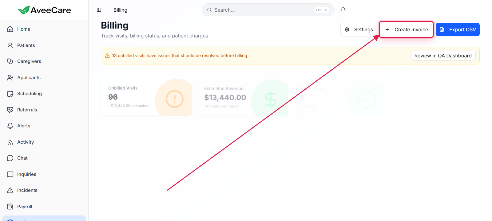 Create Invoice button on the Billing page