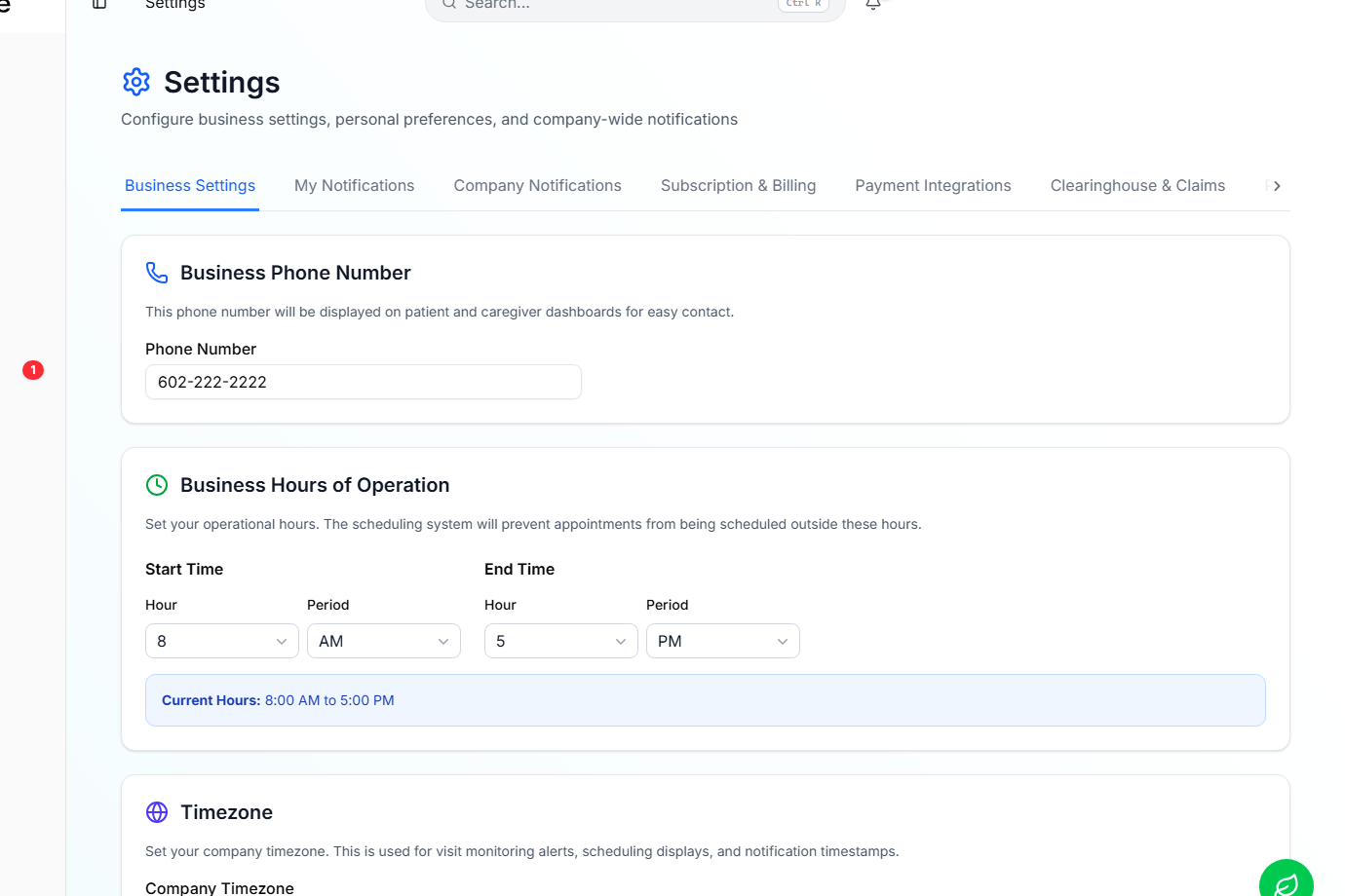 Settings page with Business Settings tab active