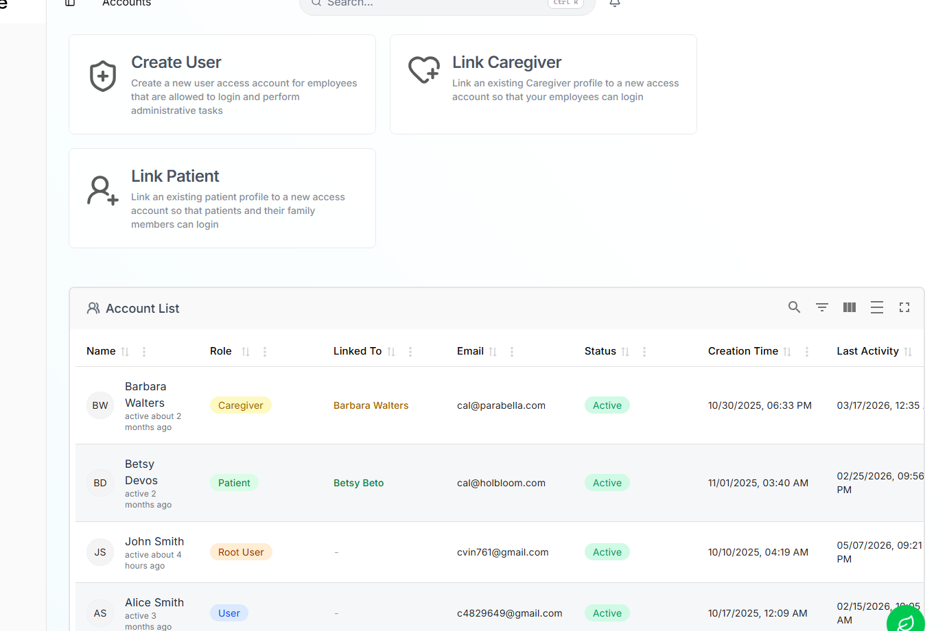 Accounts page with Create User, Link Caregiver, and Link Patient cards above the Account List