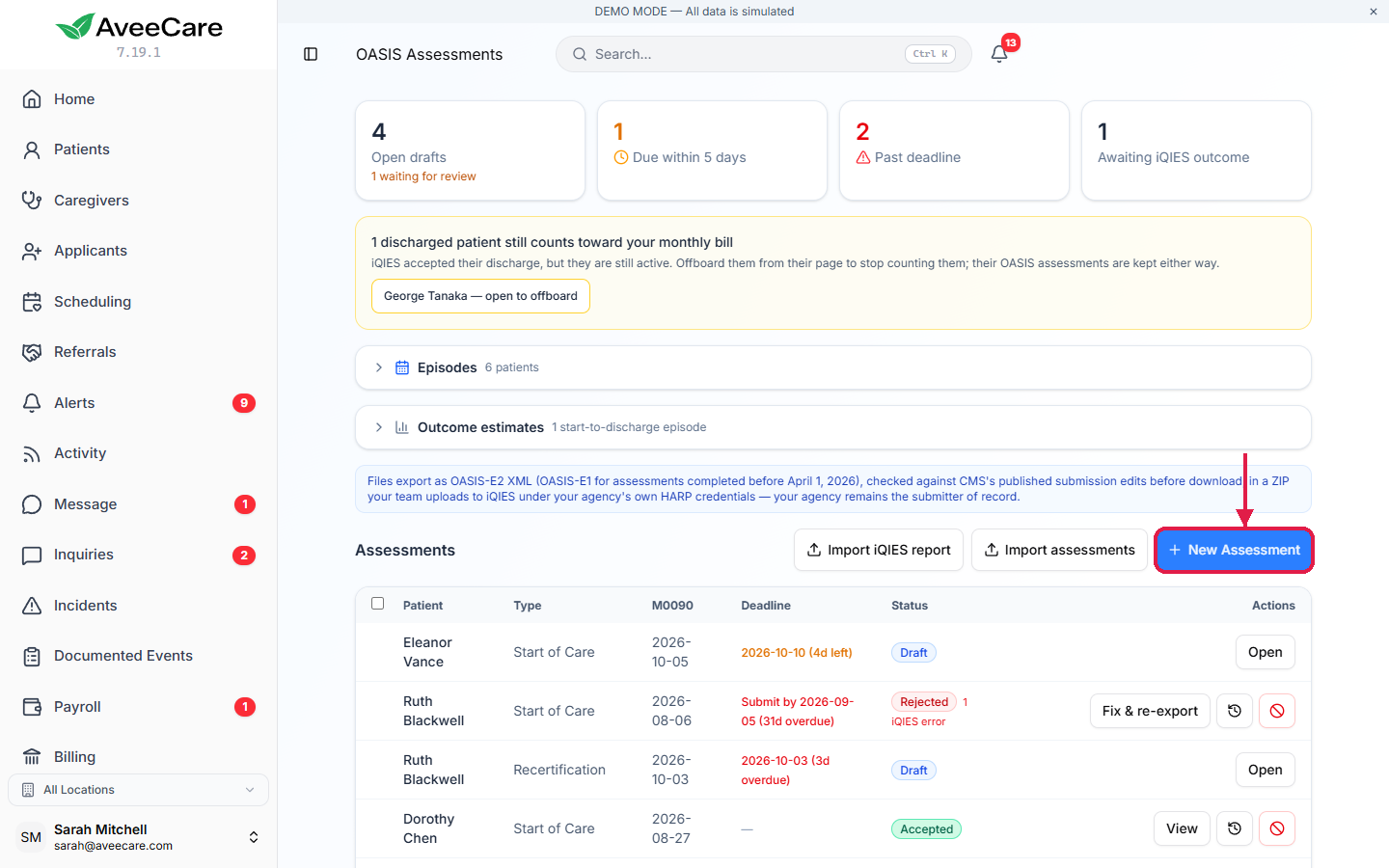 The OASIS Assessments page with deadline tiles at the top and the New Assessment button outlined above the assessments table