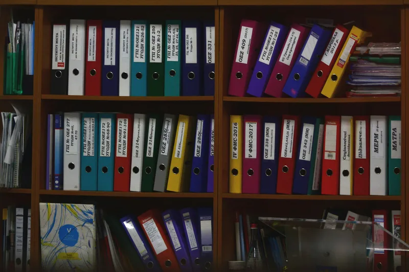 Row of assorted colored hanging file folders organized in a filing system, viewed from above