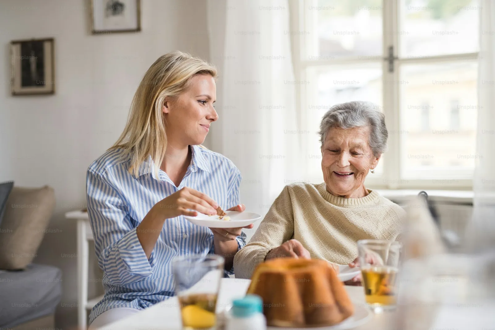 Senior woman in a wheelchair sharing a meal at home with a visiting caregiver