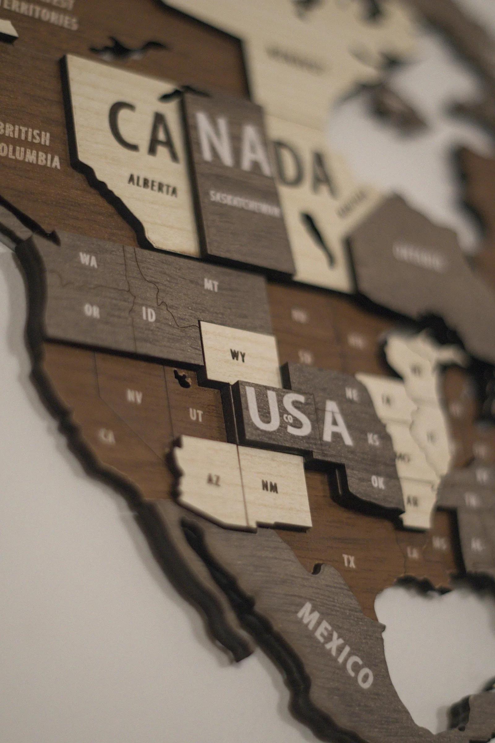 A wooden topographical map of the United States with each state cut as a separate piece, photographed from above.
